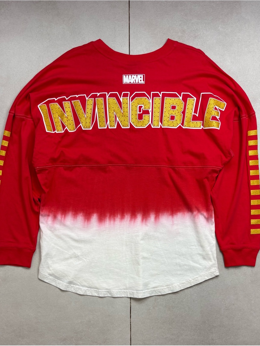 Marvel Red & White Ombre "Invincible" Long Sleeve Shirt with Gold Accents